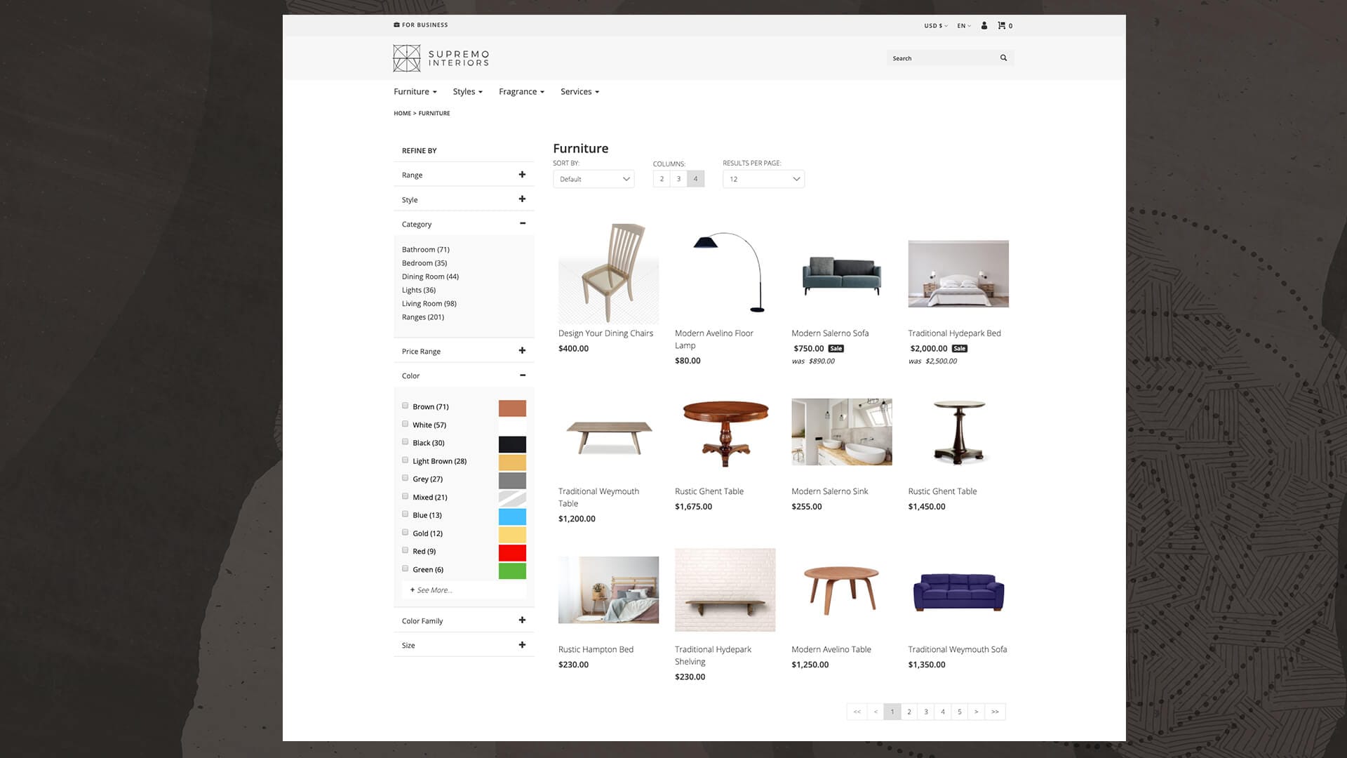 Chair and table product website page