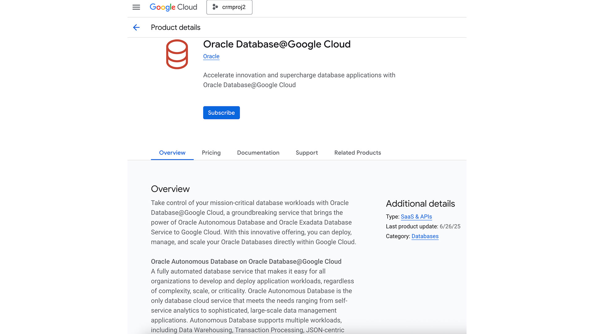 Oracle AI Database@Google Cloud product details view