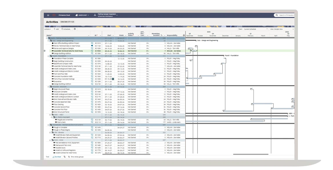 primavera p6 contract schedule screenshot